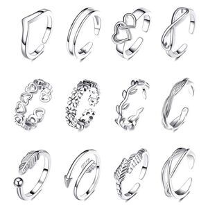 Silver Adjustable Open Toe Rings - Set of 12